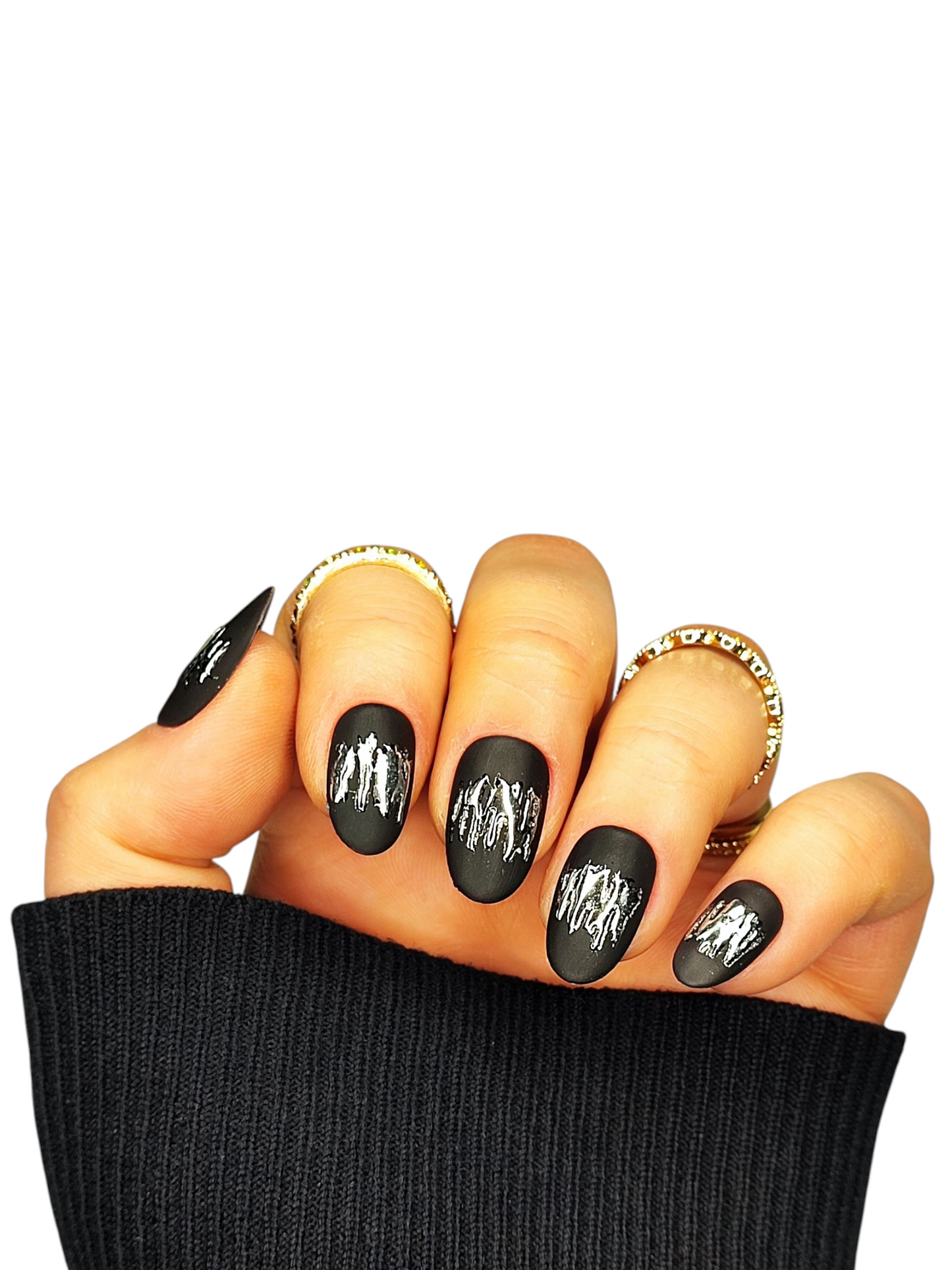 Schwarze Matte Press On Nails Silber-Chrome