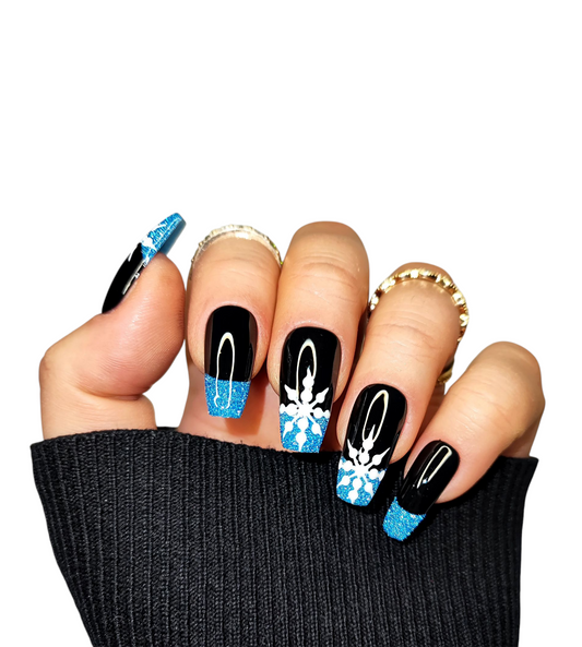 Press On Nails Black Blue Snow